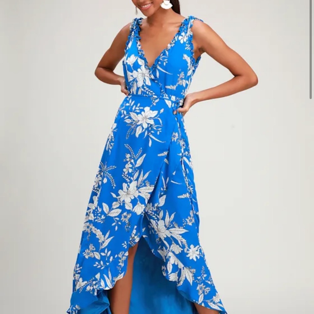Sun Salutation Royal Blue Floral Print Ruffled Wrap
Maxi Dress